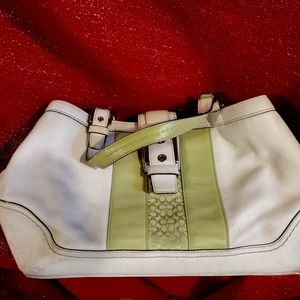 Coach, white and lime green, leather shoulder bag